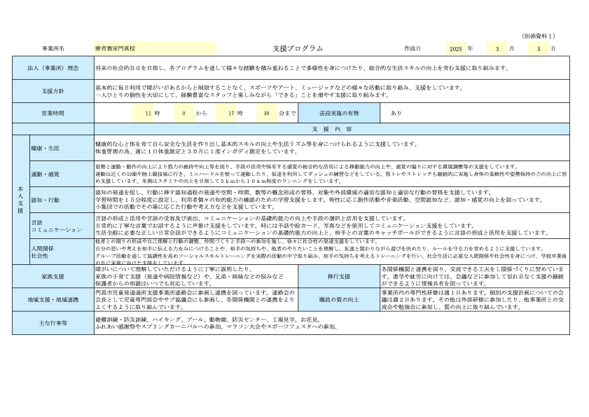 支援プログラムの用紙